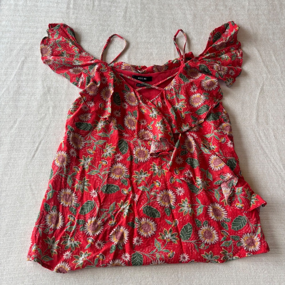 Vintage Y2K Miss Me Red Floral Cold Shoulder Ruffle Blouse Sunflowers Small - Picture 2 of 8